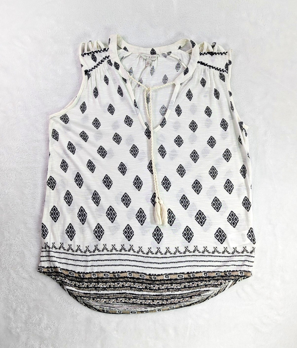 Lucky Brand Diamond Print Boho Tank Top Women's Small S Split Neck Tassel White
